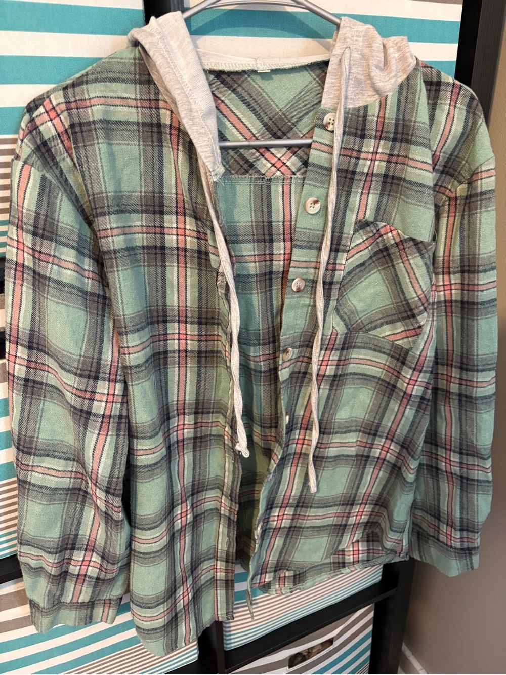 Source Unknown Mint Green Plaid Hooded Button-Up Sweatshirt
